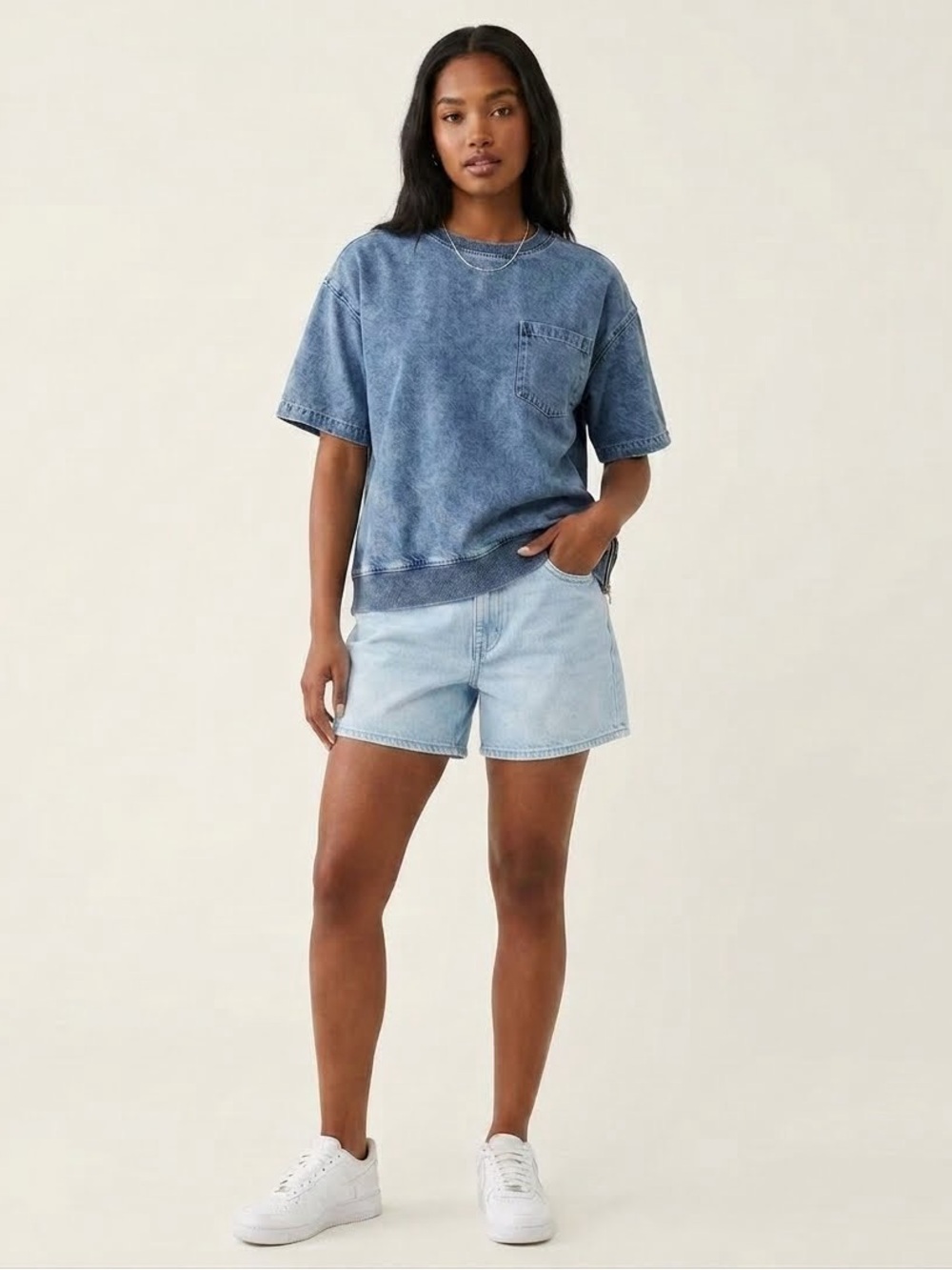 NWT Washed Blue Short-Sleeve Pocket Top Size Medium w/Side Zipper 100% Cotton